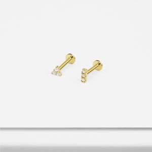 14k Solid Gold Tiny Trinity CZ Internally Threaded Labret Stud Earring