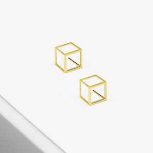 14k Solid Gold 3D Square Earring